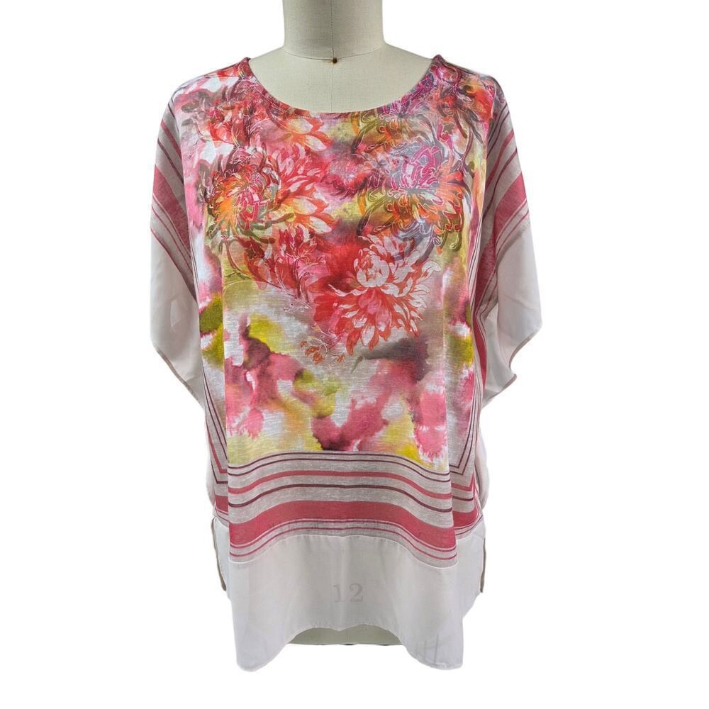 Chico's 3(XL) Top Tunic Pink Yellow Flowers Floral Flowy Stretch Sleeveless